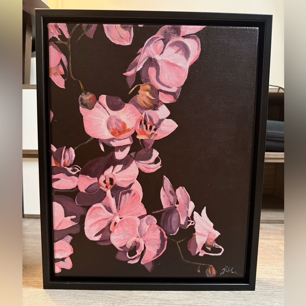 Original Acrylic painting of pink orchids, signed.”at dusk”
